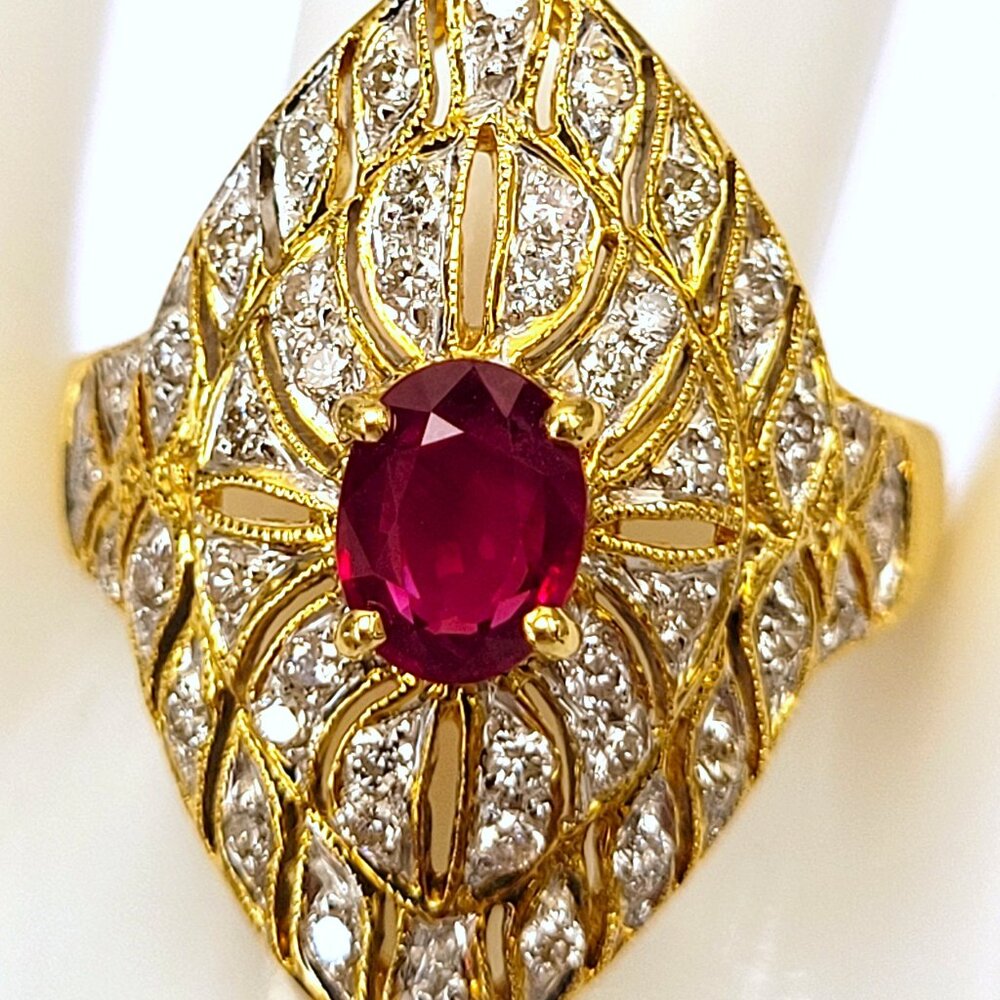 18K Yellow Gold Ruby & Diamond 1.36CTW Marquise Design Ring
